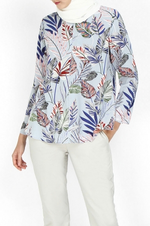 Evangelina Zip-Front Blouse 2.0 - Light Blue Leaves