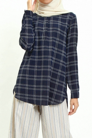 Haidence The Henley Popover Blouse - Navy Check