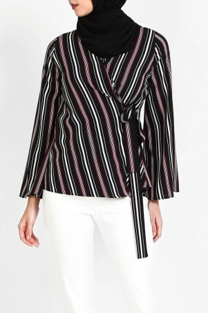 Yancey Kimono Wrap Blouse - Black/Red Stripe