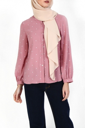 Zaleah Front Button Blouse - Dusty Pink Polka