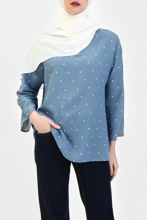 Abiyya Drop Shoulder Blouse - Dusty Blue Dot