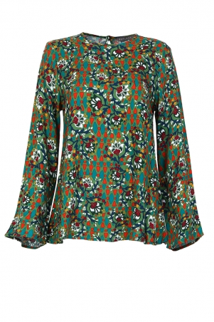Cara Flared Blouse - Green/Red Flower