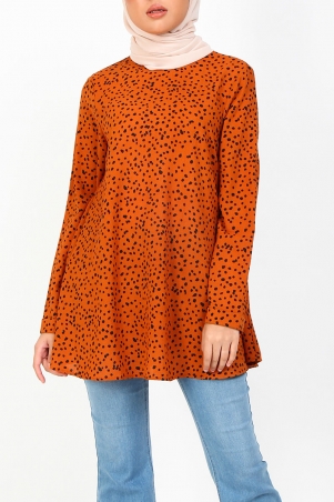 Merai Flared High Neck Blouse - Caramel/Black Dot