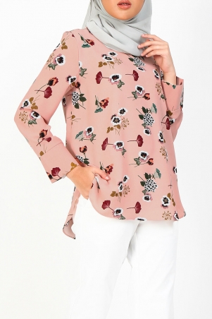 Dorah Curved Hem Blouse - Peach Floral