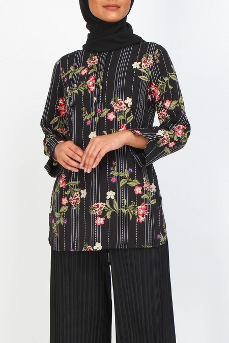 Gurveen Henley Tunic - Black Stripe Flora