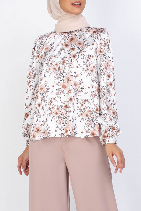 Zaylie Flared Blouse - White/Brown Flower