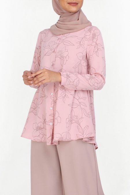 Yumna Front Button Flared Tunic - Pink/Brown Floral
