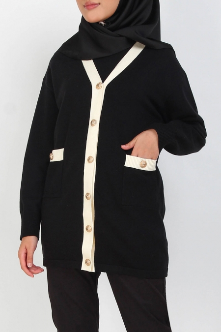 Siyara Knitted Front Button Cardigan - Black/Cream Panel