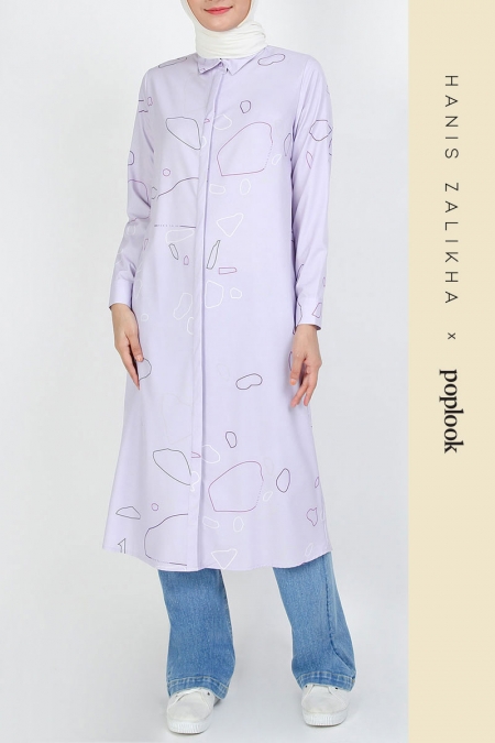 Keely Front Button Shirt Tunic - Lilac Outline Terazzo