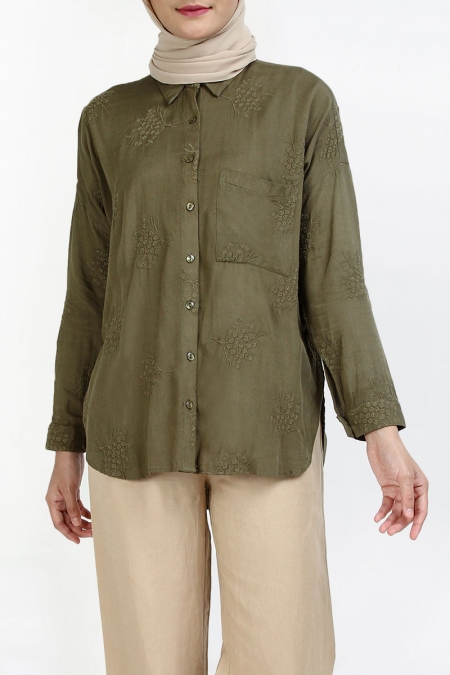 Cadha Embroidered Front Button Shirt - Avocado