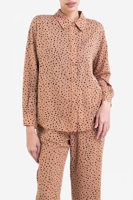 Catharina Front Button Blouse - Brown Dot