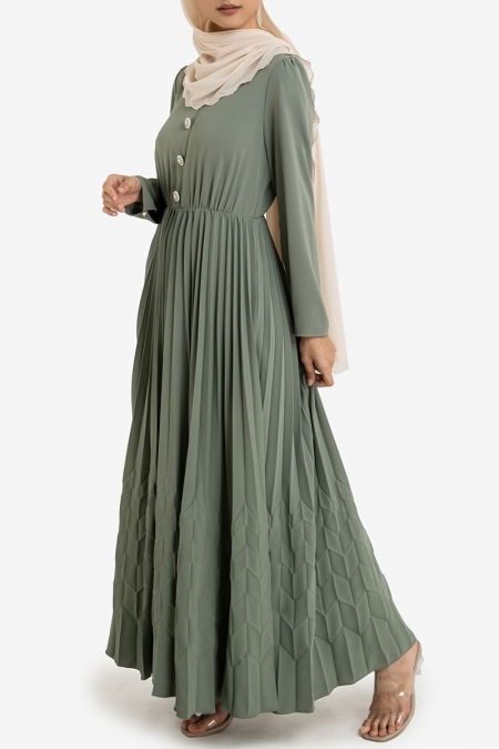Semporna Pleated A-Line Dress - Moss Green
