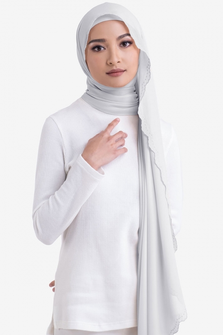 Ruvel Embroidered Scallop Headscarf - Light Grey