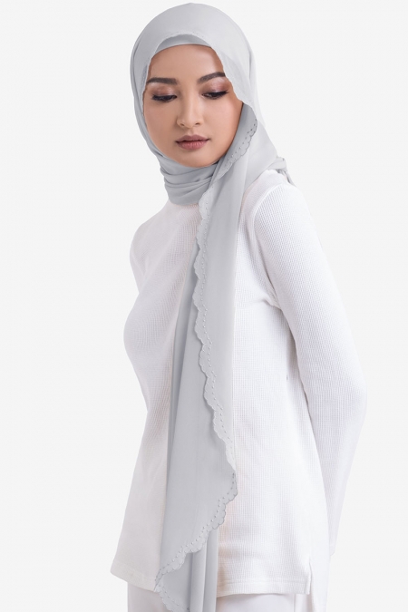 Ruvel Embroidered Scallop Headscarf - Light Grey
