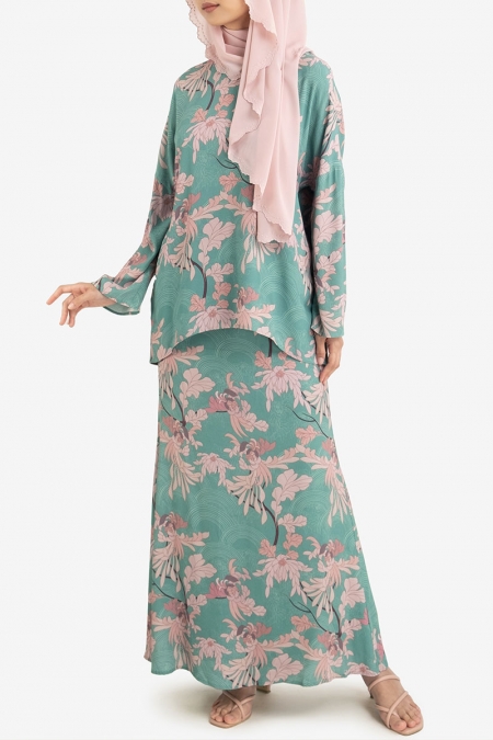 Raqeema Blouse & Skirt - Emerald/Blush Floral